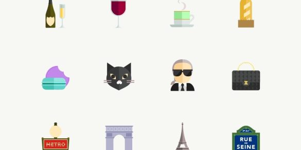 illustration of paris with chanel bag, eiffel tower, baguette, karl lagerfield