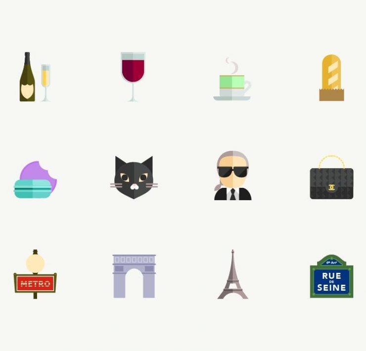 illustration of paris with chanel bag, eiffel tower, baguette, karl lagerfield