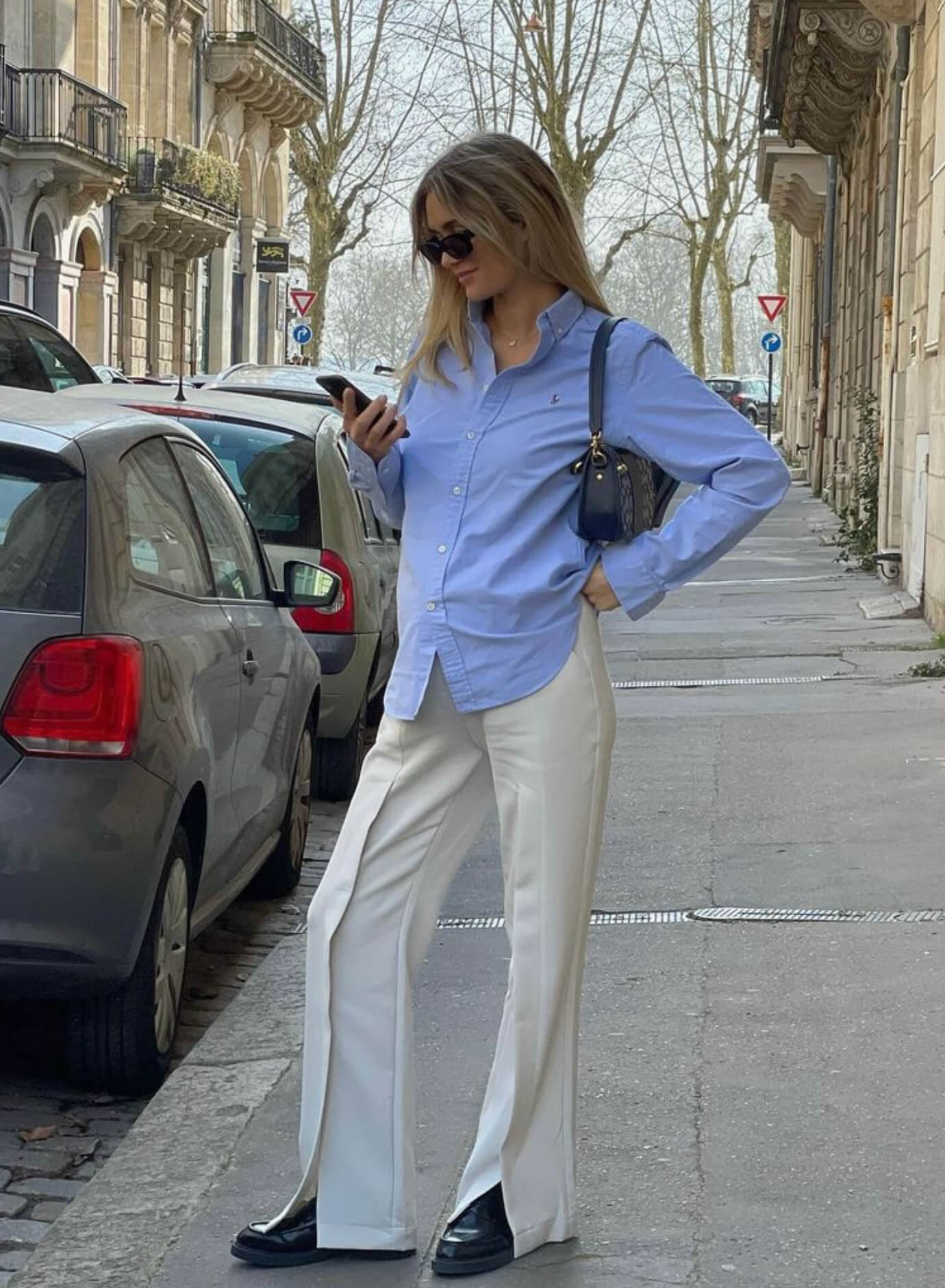 french maternity style oversized shirt wide-leg pants