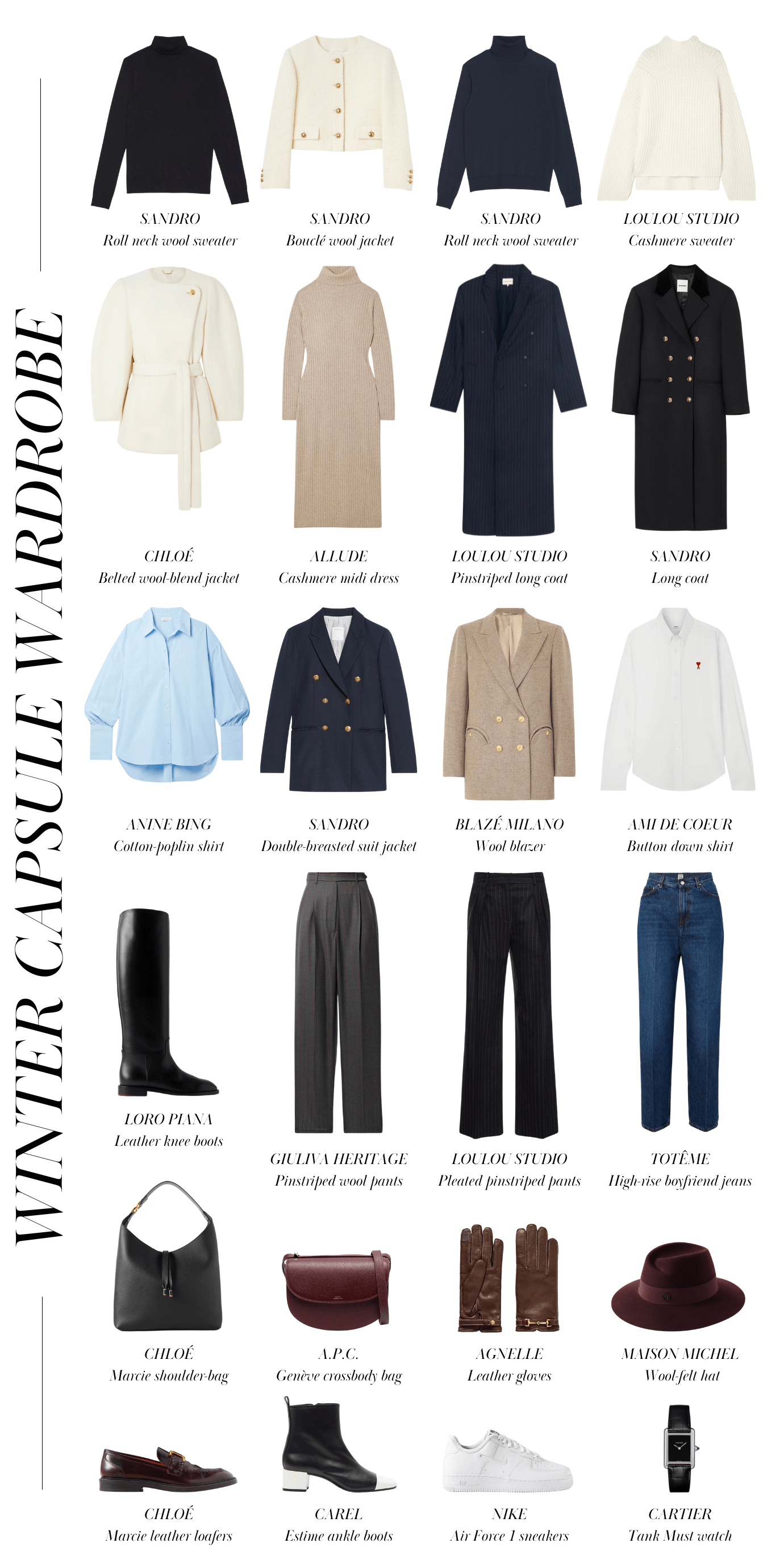 a collage of a french winter capsule wardrobe