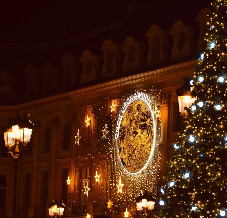 the Place Vendôme in Paris at night with Christmas lights