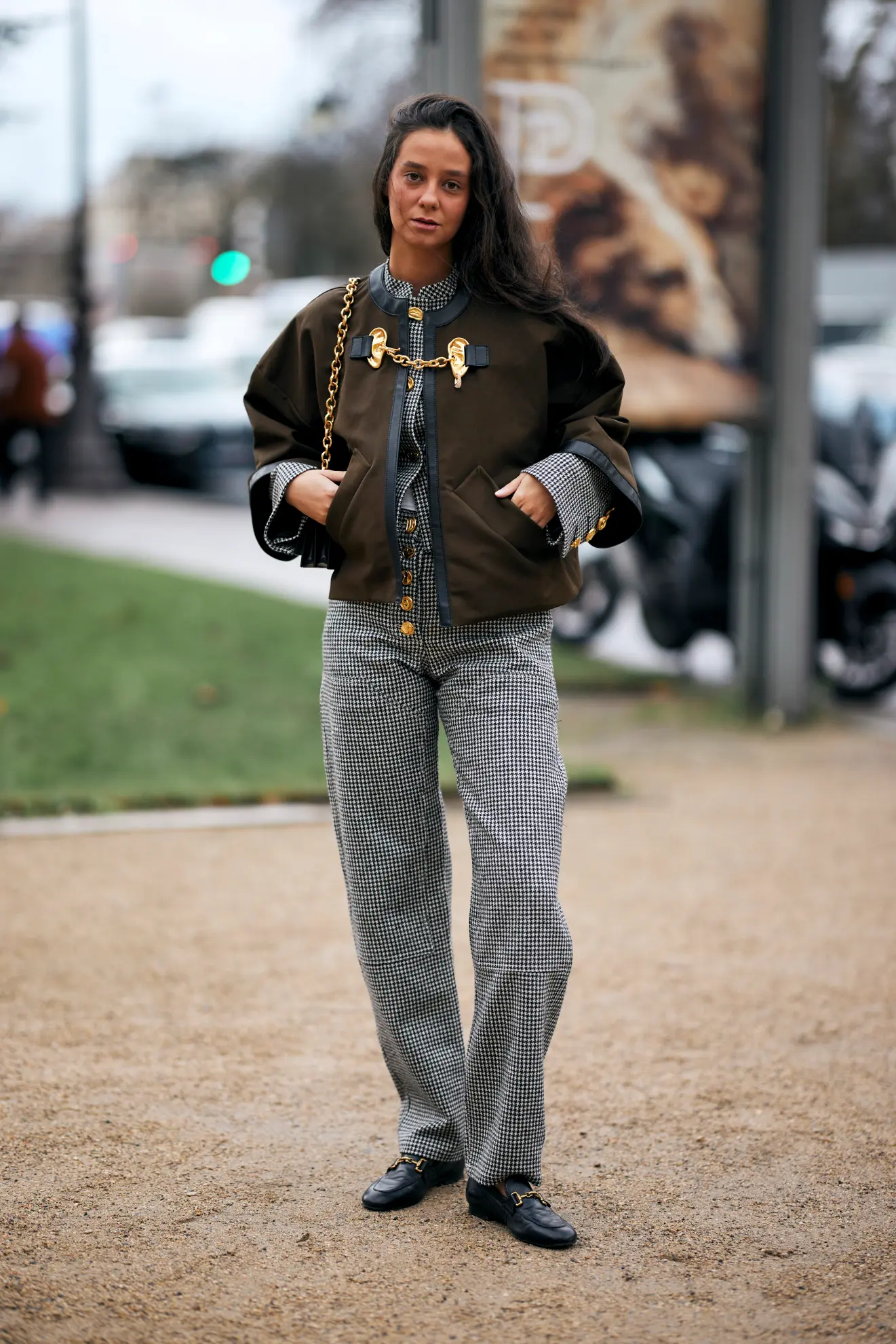 street style paris ss24 couture houndstooth and khaki ensemble